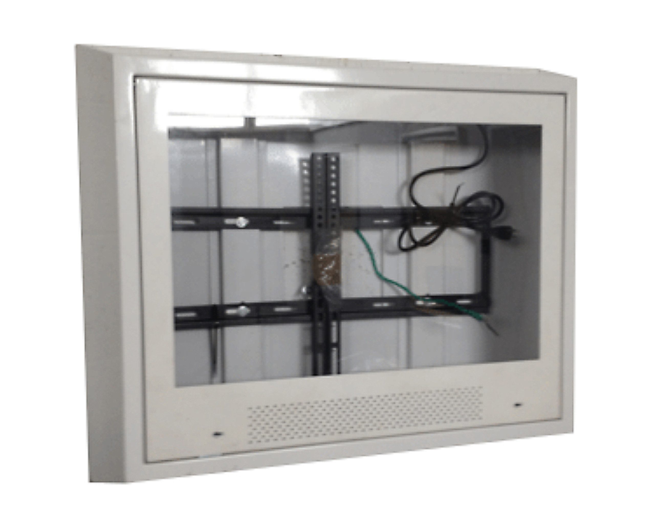 Illustration of a ligature resistant TV wall-mounted enclosure showing sloped design, shatterproof screen, for behavioral health safety.