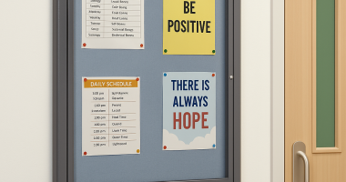 Secure noticeboard in a juvenile behavioral health unit displaying a daily schedule, therapy timetable, and motivational posters inside a tamper-resistant, anti-ligature frame mounted on a clean wall near a safety door