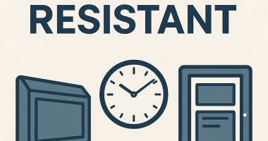 Illustration showing the concept of ligature resistant design, featuring icons of a TV enclosure, wall clock, and secure noticeboard beneath bold text reading "Ligature Resistant", representing safety products used in behavioral health facilities.