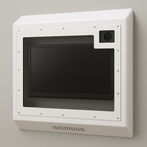 A behavioral health TV enclosure with integrated camera window, wall-mounted with anti-ligature design and tamperproof fasteners.
